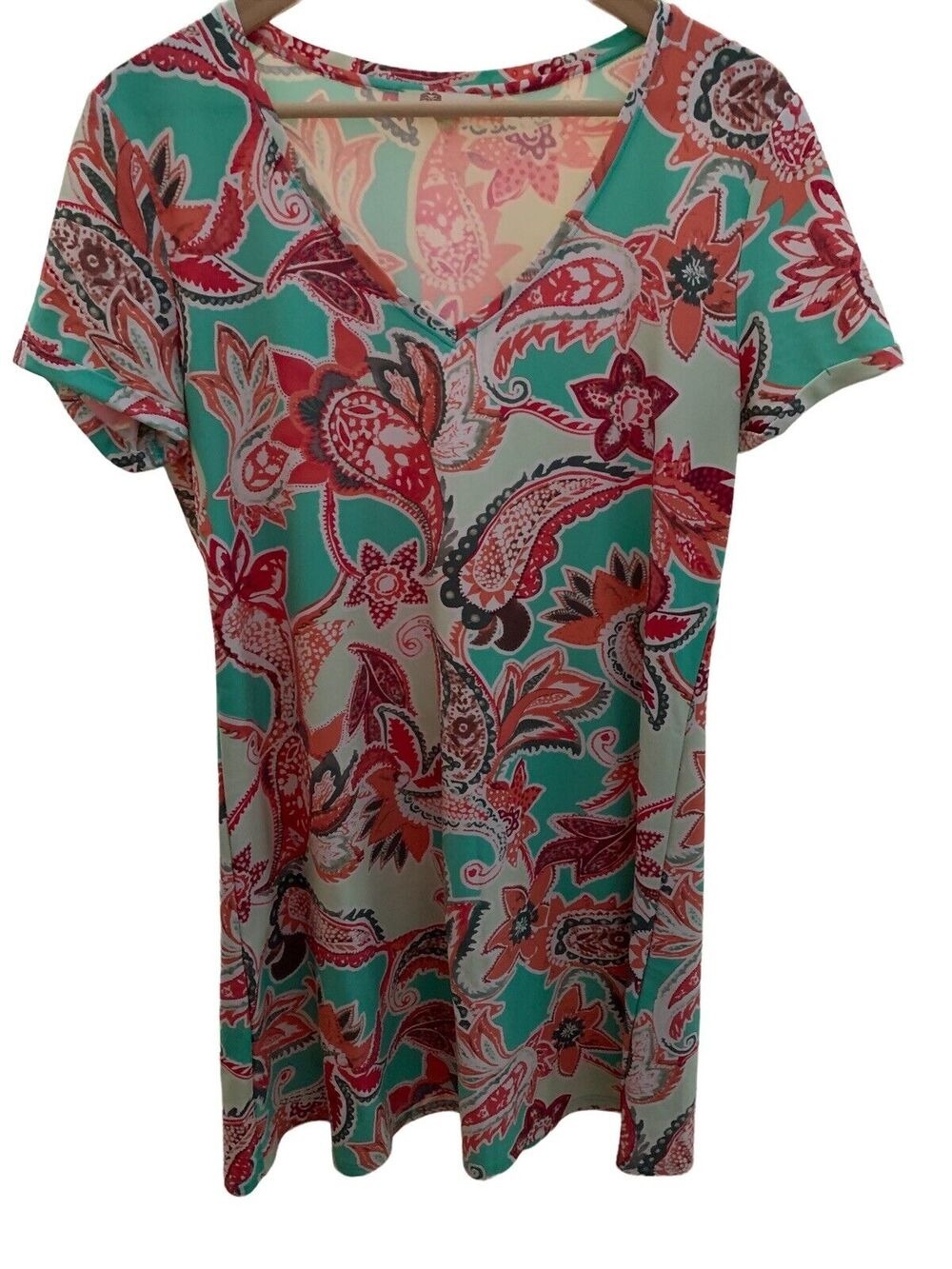 Aryeh Blue Red Paisley Print Nylon Tunic Shift Dress Short Sleeve Size M